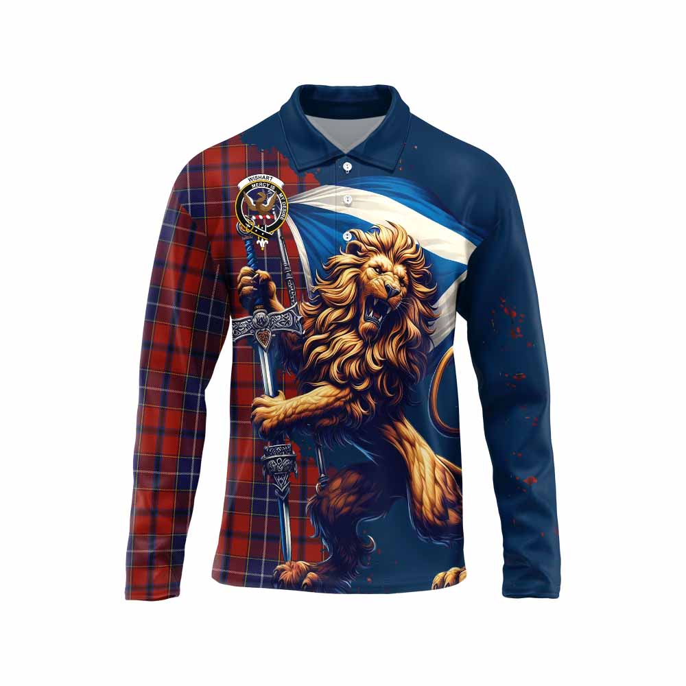 Tartan Vibes Clothing Wishart Tartan Family Crest Long Sleeve Polo Shirt with Scottish Majestic Lion