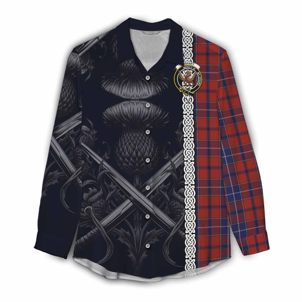 Tartan Vibes Clothing Wishart Tartan Women's Casual Shirt with Family Crest Cross Sword Thistle Celtic Vibes