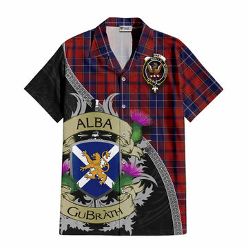 Tartan Vibes Clothing Wishart Tartan Family Crest Short Sleeve Button Shirt Lion Rampant Royal Thistle Shield Celtic Inspired