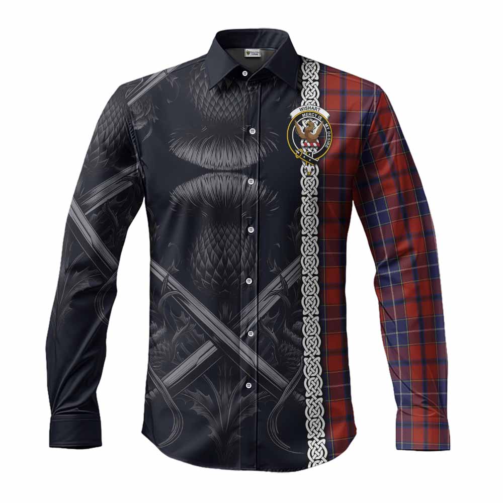 Tartan Vibes Clothing Wishart Tartan Long Sleeve Button Shirt with Family Crest Cross Sword Thistle Celtic Vibes