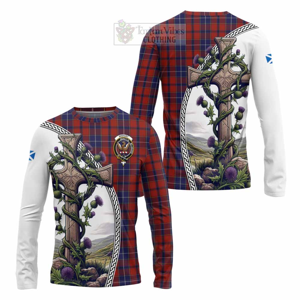 Tartan Vibes Clothing Wishart Tartan Long Sleeve T-Shirt with Family Crest and St. Andrew's Cross Accented by Thistle Vines