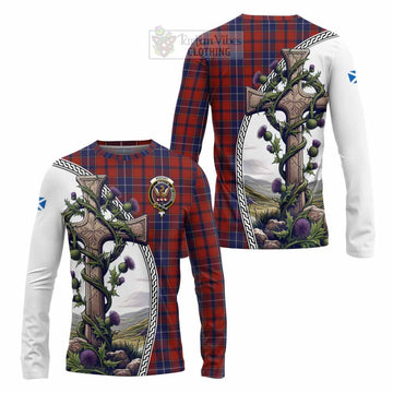 Tartan Vibes Clothing Wishart Tartan Long Sleeve T-Shirt with Family Crest and St. Andrew's Cross Accented by Thistle Vines