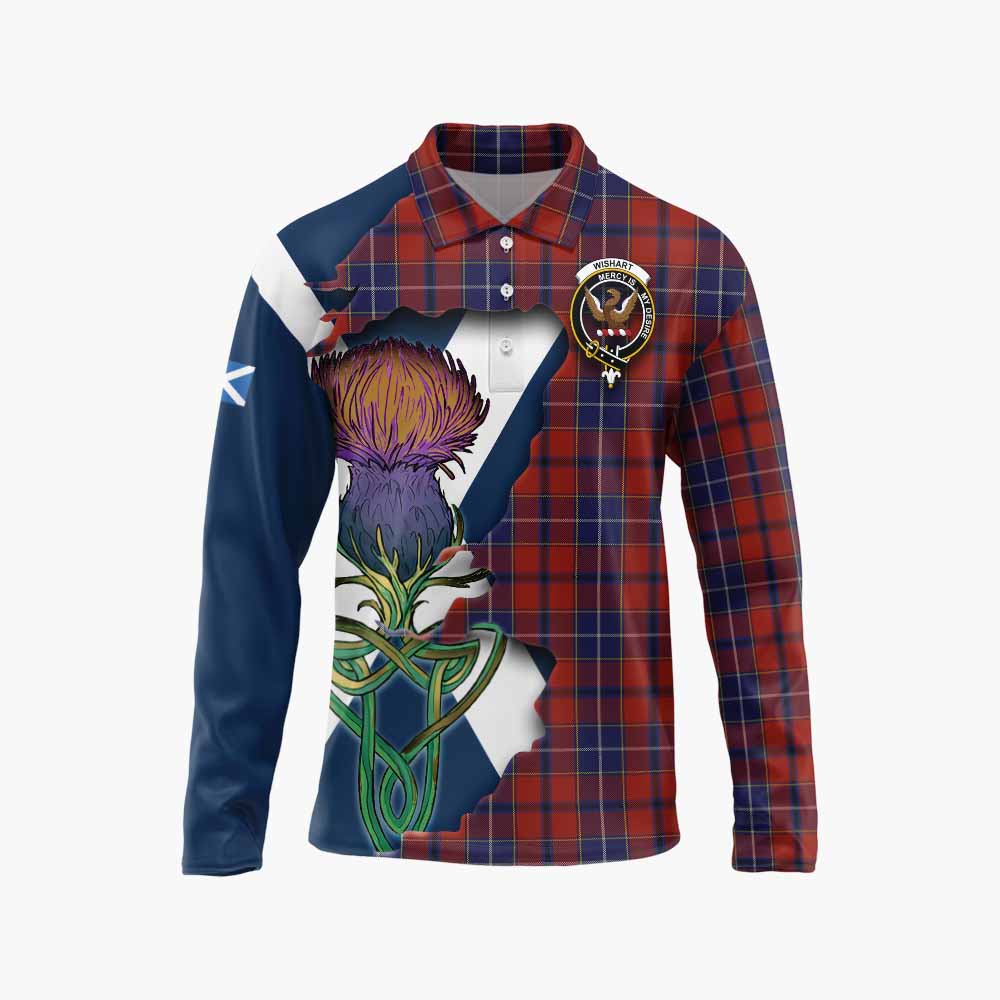 Tartan Vibes Clothing Wishart Tartan Family Crest Long Sleeve Polo Shirt Scottish Thistle Celtic Inspired