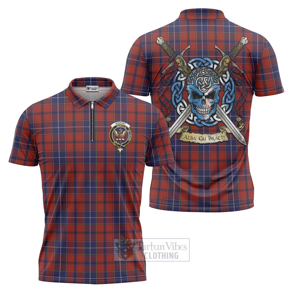 Tartan Vibes Clothing Wishart Tartan Zipper Polo Shirt with Family Crest Celtic Skull Style