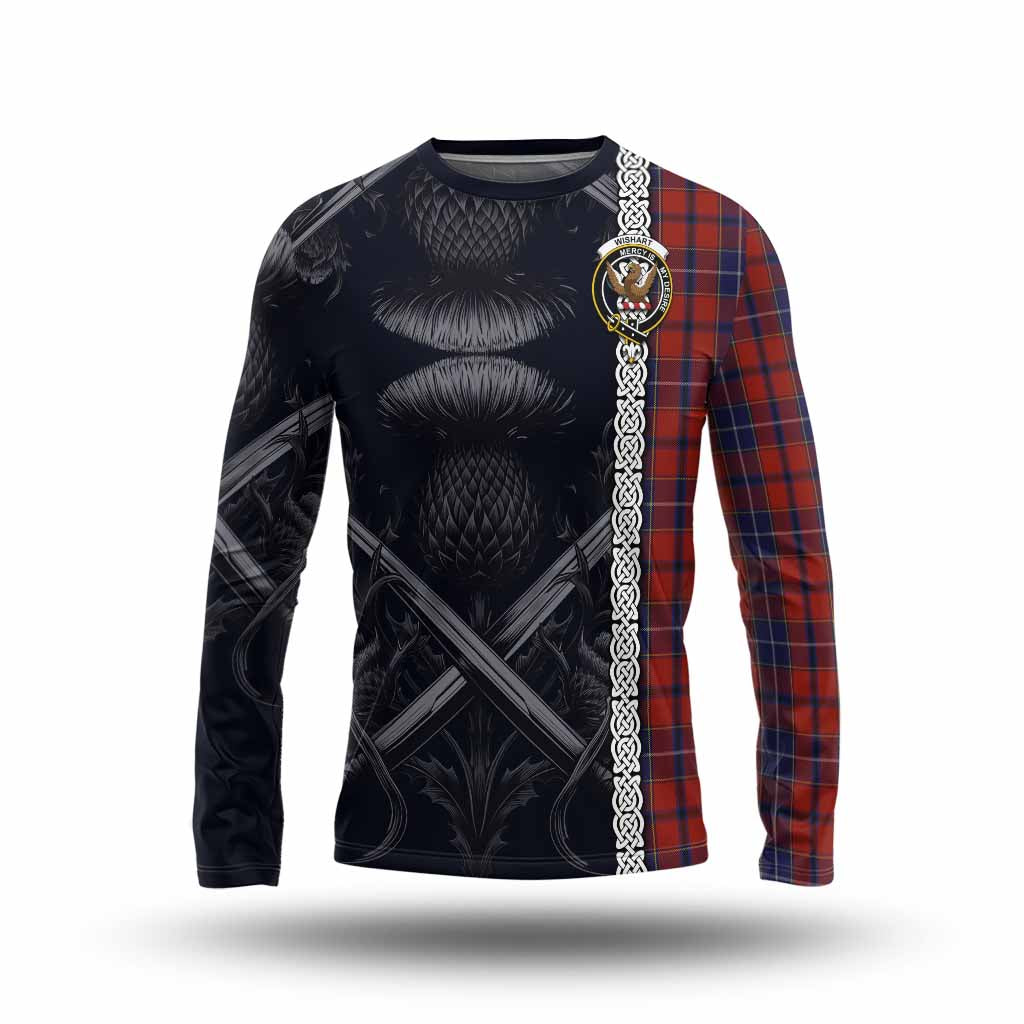 Tartan Vibes Clothing Wishart Tartan Long Sleeve T-Shirt with Family Crest Cross Sword Thistle Celtic Vibes