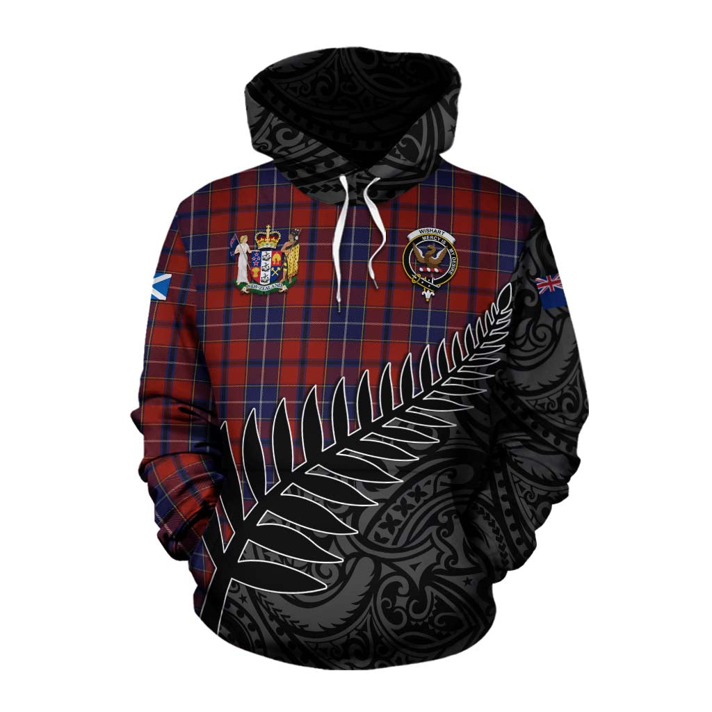 Tartan Vibes Clothing Wishart Crest Tartan Cotton Hoodie with New Zealand Silver Fern Half Style
