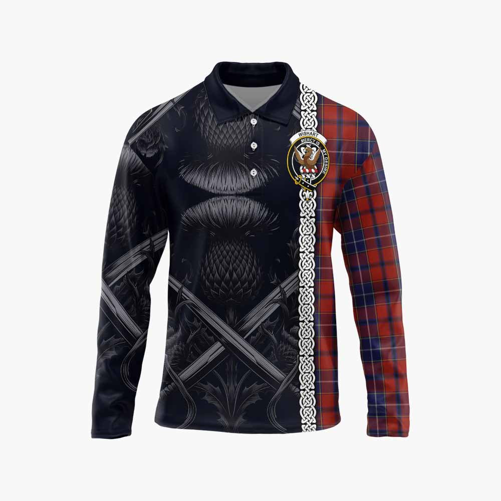 Tartan Vibes Clothing Wishart Tartan Long Sleeve Polo Shirt with Family Crest Cross Sword Thistle Celtic Vibes