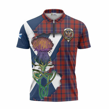 Tartan Vibes Clothing Wishart Tartan Family Crest Zipper Polo Shirt Scottish Thistle Celtic Inspired