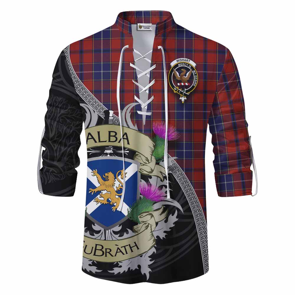 Tartan Vibes Clothing Wishart Tartan Family Crest Ghillie Kilt Shirt Lion Rampant Royal Thistle Shield Celtic Inspired
