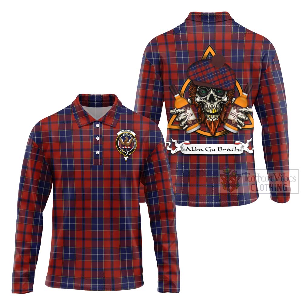 Tartan Vibes Clothing Wishart Tartan Long Sleeve Polo Shirt with Family Crest and Bearded Skull Holding Bottles of Whiskey