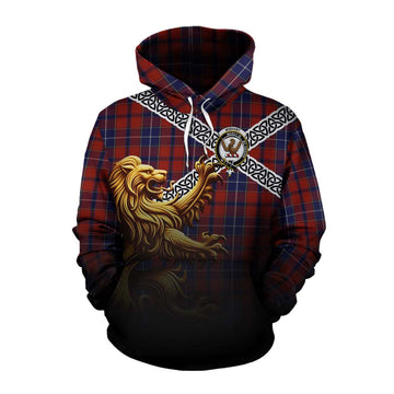 Tartan Vibes Clothing Wishart Crest Tartan Cotton Hoodie with Golden Lion Emblem Celtic Style