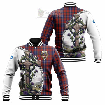 Tartan Vibes Clothing Wishart Tartan Baseball Jacket with Family Crest and St. Andrew's Cross Accented by Thistle Vines