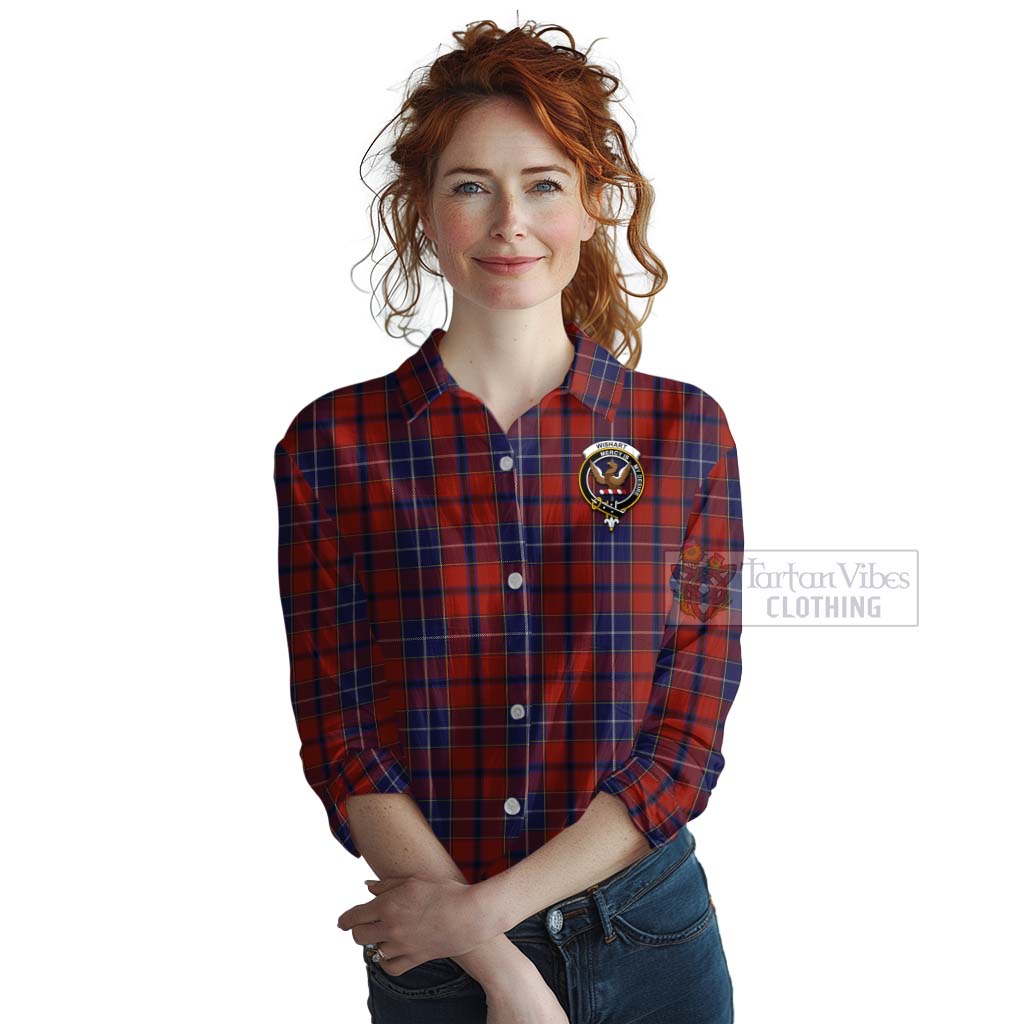 Tartan Vibes Clothing Wishart Tartan Women's Casual Shirt with Family Crest and Bearded Skull Holding Bottles of Whiskey