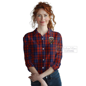Tartan Vibes Clothing Wishart Tartan Women's Casual Shirt with Family Crest and Bearded Skull Holding Bottles of Whiskey