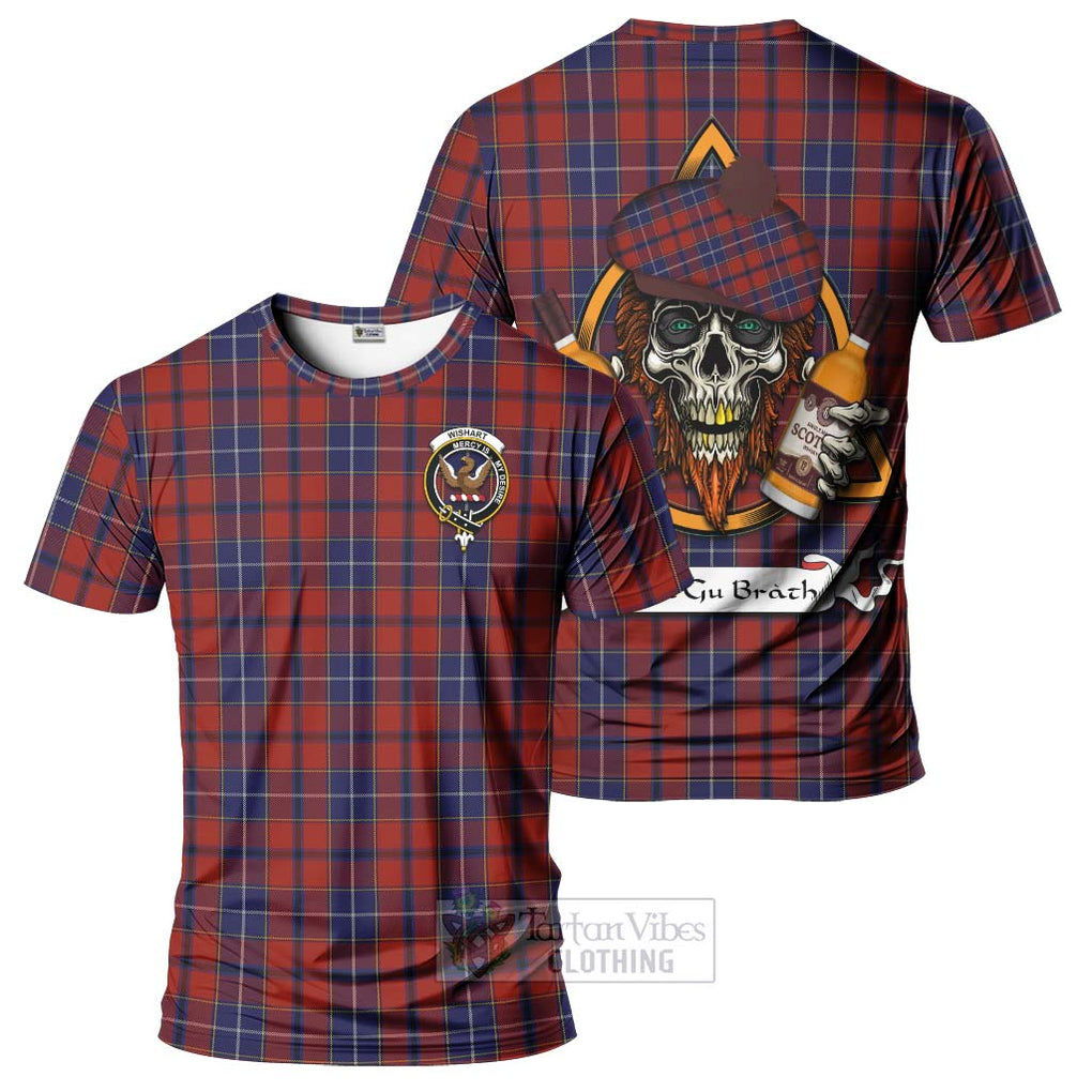 Tartan Vibes Clothing Wishart Tartan T-Shirt with Family Crest and Bearded Skull Holding Bottles of Whiskey