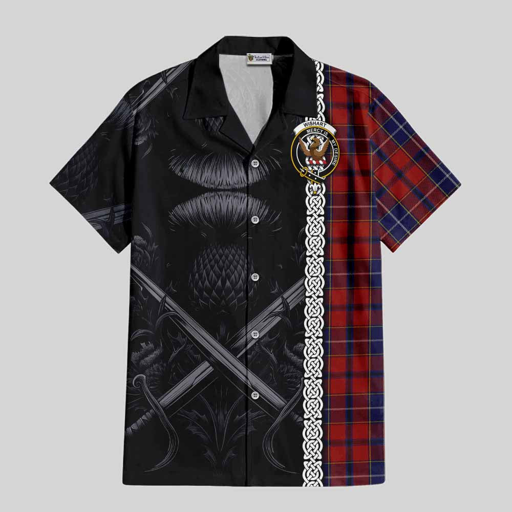 Tartan Vibes Clothing Wishart Tartan Short Sleeve Button Shirt with Family Crest Cross Sword Thistle Celtic Vibes