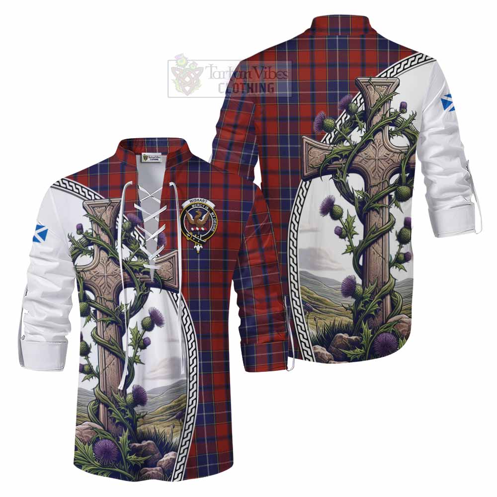 Tartan Vibes Clothing Wishart Tartan Ghillie Kilt Shirt with Family Crest and St. Andrew's Cross Accented by Thistle Vines