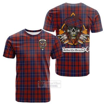 Tartan Vibes Clothing Wishart Tartan Cotton T-shirt with Family Crest and Bearded Skull Holding Bottles of Whiskey
