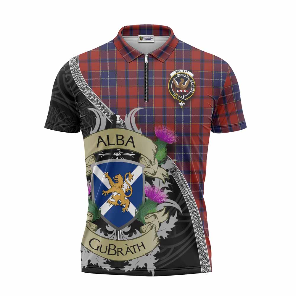 Tartan Vibes Clothing Wishart Tartan Family Crest Zipper Polo Shirt Lion Rampant Royal Thistle Shield Celtic Inspired
