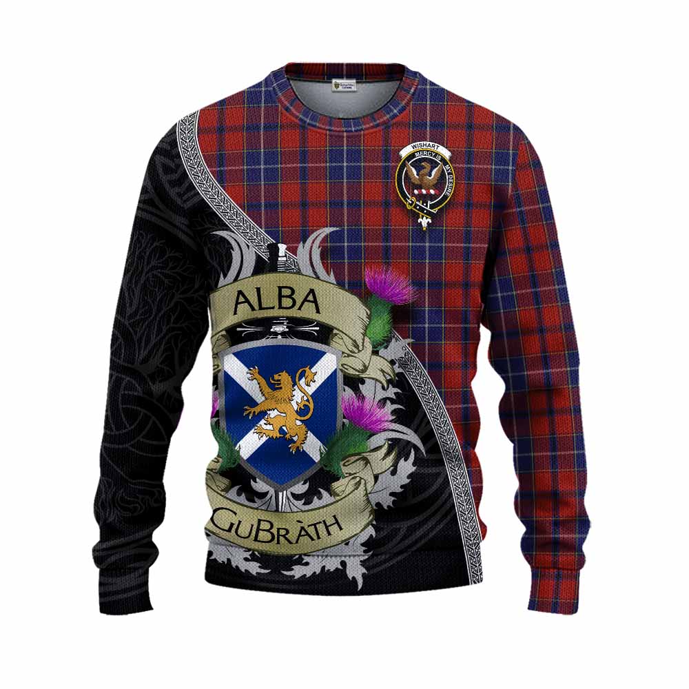 Tartan Vibes Clothing Wishart Tartan Family Crest Knitted Sweater Lion Rampant Royal Thistle Shield Celtic Inspired