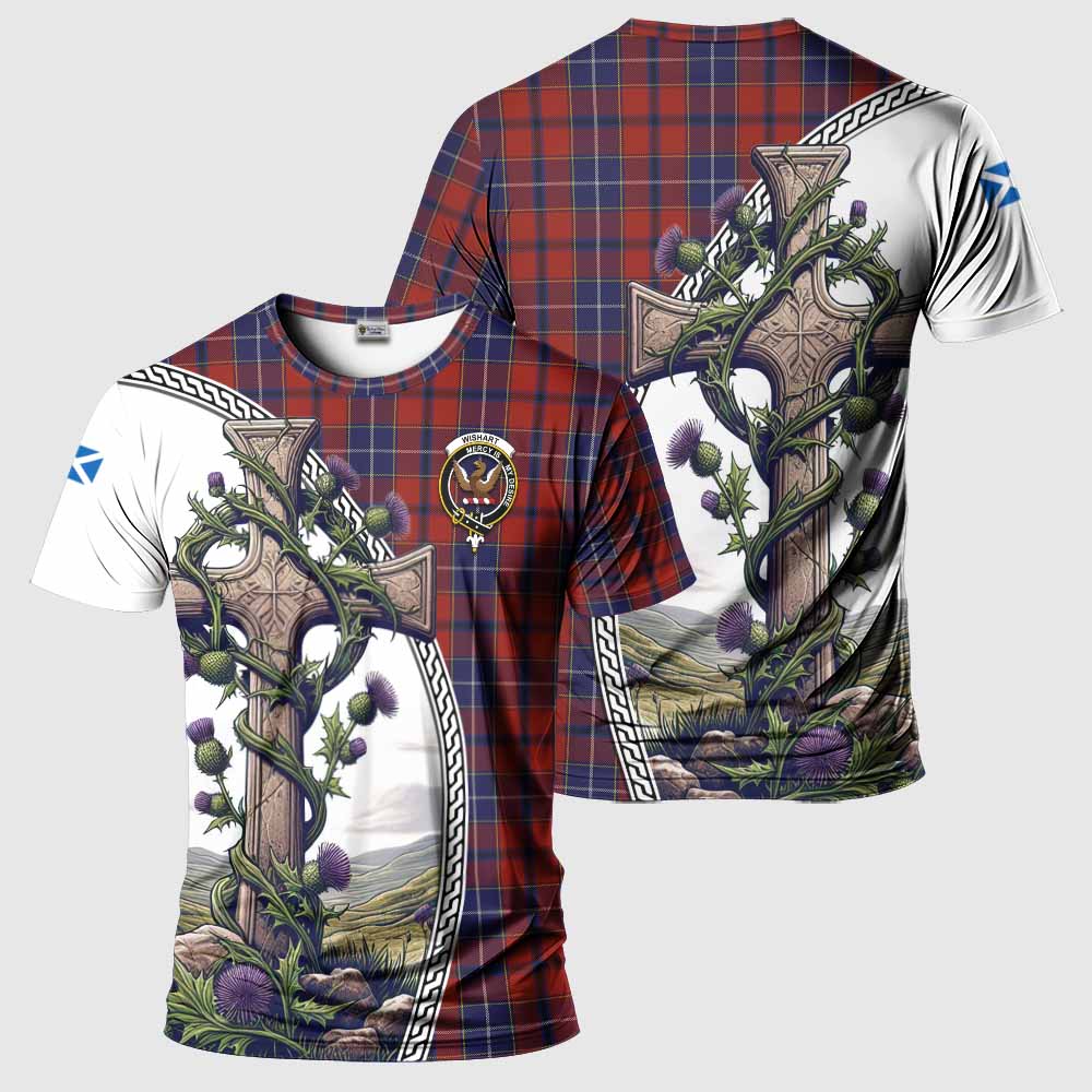 Tartan Vibes Clothing Wishart Agnew Tartan T-Shirt with Family Crest and St. Andrew's Cross Accented by Thistle Vines