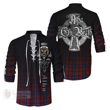 Tartan Vibes Clothing Wishart Tartan Ghillie Kilt Shirt Featuring Alba Gu Brath Family Crest Celtic Inspired