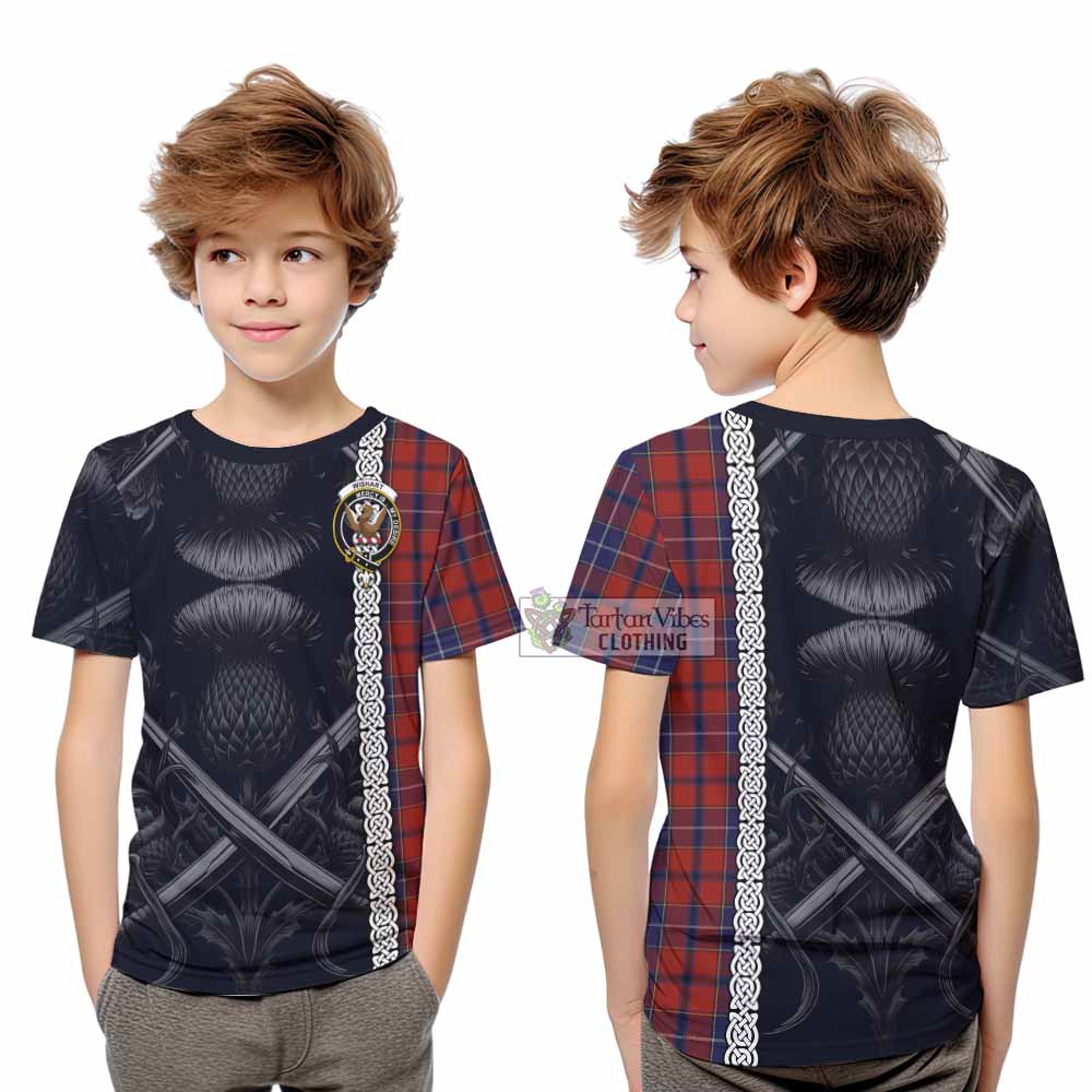 Tartan Vibes Clothing Wishart Tartan Kid T-Shirt with Family Crest Cross Sword Thistle Celtic Vibes