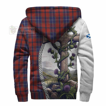 Tartan Vibes Clothing Wishart Tartan Sherpa Hoodie with Family Crest and St. Andrew's Cross Accented by Thistle Vines