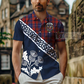 Tartan Vibes Clothing Wishart Tartan Short Sleeve Button Shirt Featuring Thistle and Scotland Map