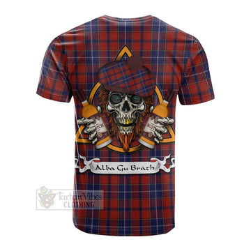 Tartan Vibes Clothing Wishart Tartan Cotton T-shirt with Family Crest and Bearded Skull Holding Bottles of Whiskey