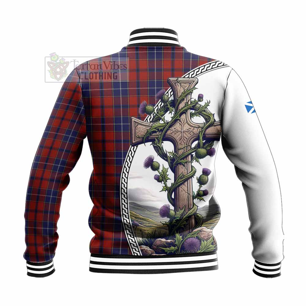 Tartan Vibes Clothing Wishart Tartan Baseball Jacket with Family Crest and St. Andrew's Cross Accented by Thistle Vines