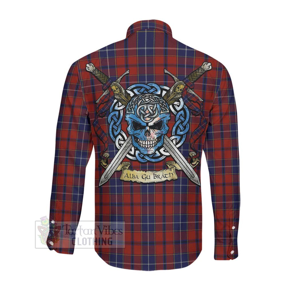 Tartan Vibes Clothing Wishart Tartan Long Sleeve Button Shirt with Family Crest Celtic Skull Style