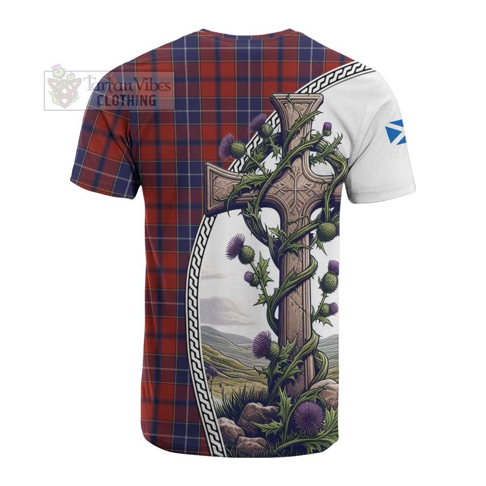 Tartan Vibes Clothing Wishart Tartan Cotton T-shirt with Family Crest and St. Andrew's Cross Accented by Thistle Vines
