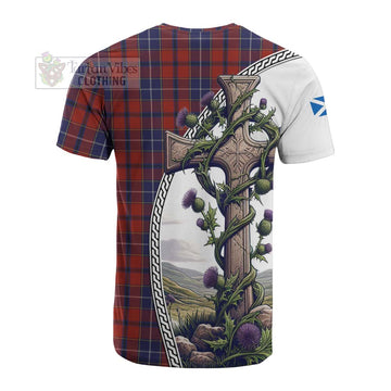 Wishart Tartan Cotton T-shirt with Family Crest and St. Andrew's Cross Accented by Thistle Vines