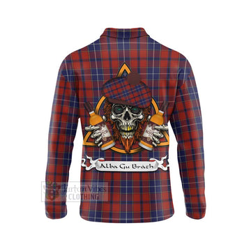 Tartan Vibes Clothing Wishart Tartan Long Sleeve Polo Shirt with Family Crest and Bearded Skull Holding Bottles of Whiskey
