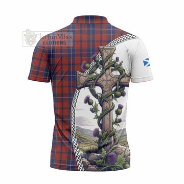 Tartan Vibes Clothing Wishart Tartan Zipper Polo Shirt with Family Crest and St. Andrew's Cross Accented by Thistle Vines
