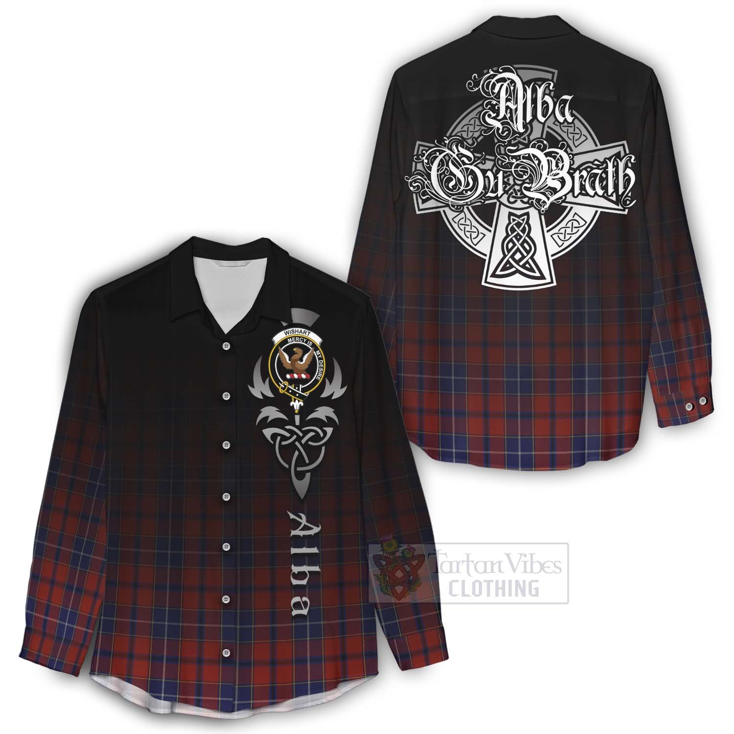 Tartan Vibes Clothing Wishart Tartan Women's Casual Shirt Featuring Alba Gu Brath Family Crest Celtic Inspired