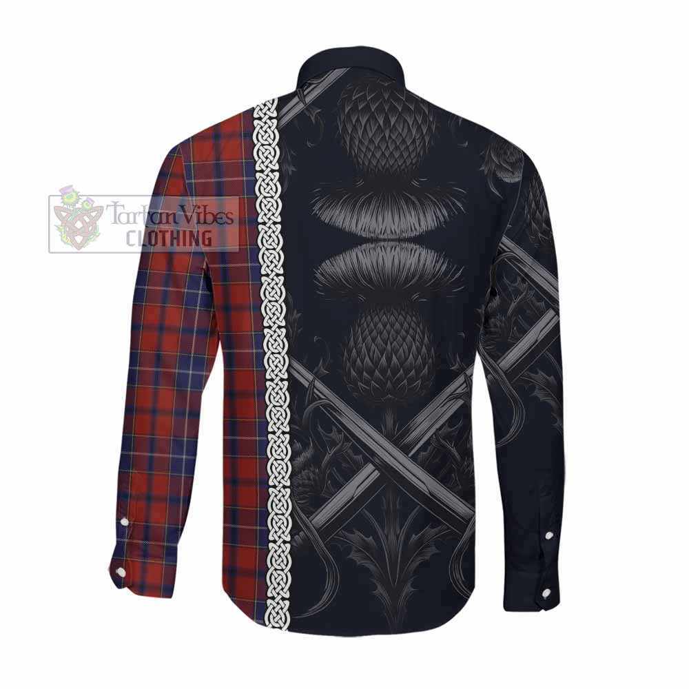 Tartan Vibes Clothing Wishart Tartan Long Sleeve Button Shirt with Family Crest Cross Sword Thistle Celtic Vibes