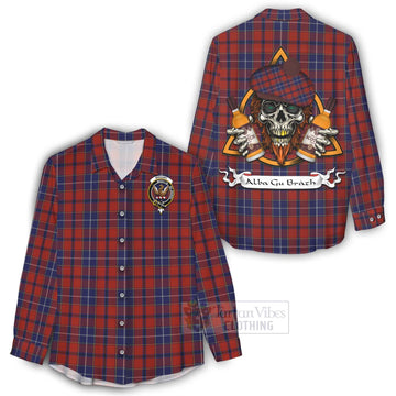 Tartan Vibes Clothing Wishart Tartan Women's Casual Shirt with Family Crest and Bearded Skull Holding Bottles of Whiskey