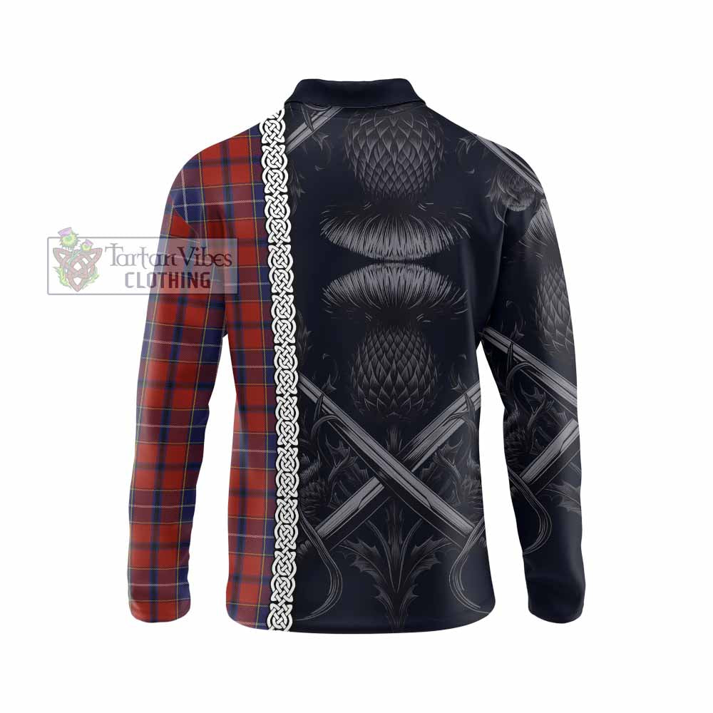Tartan Vibes Clothing Wishart Tartan Long Sleeve Polo Shirt with Family Crest Cross Sword Thistle Celtic Vibes