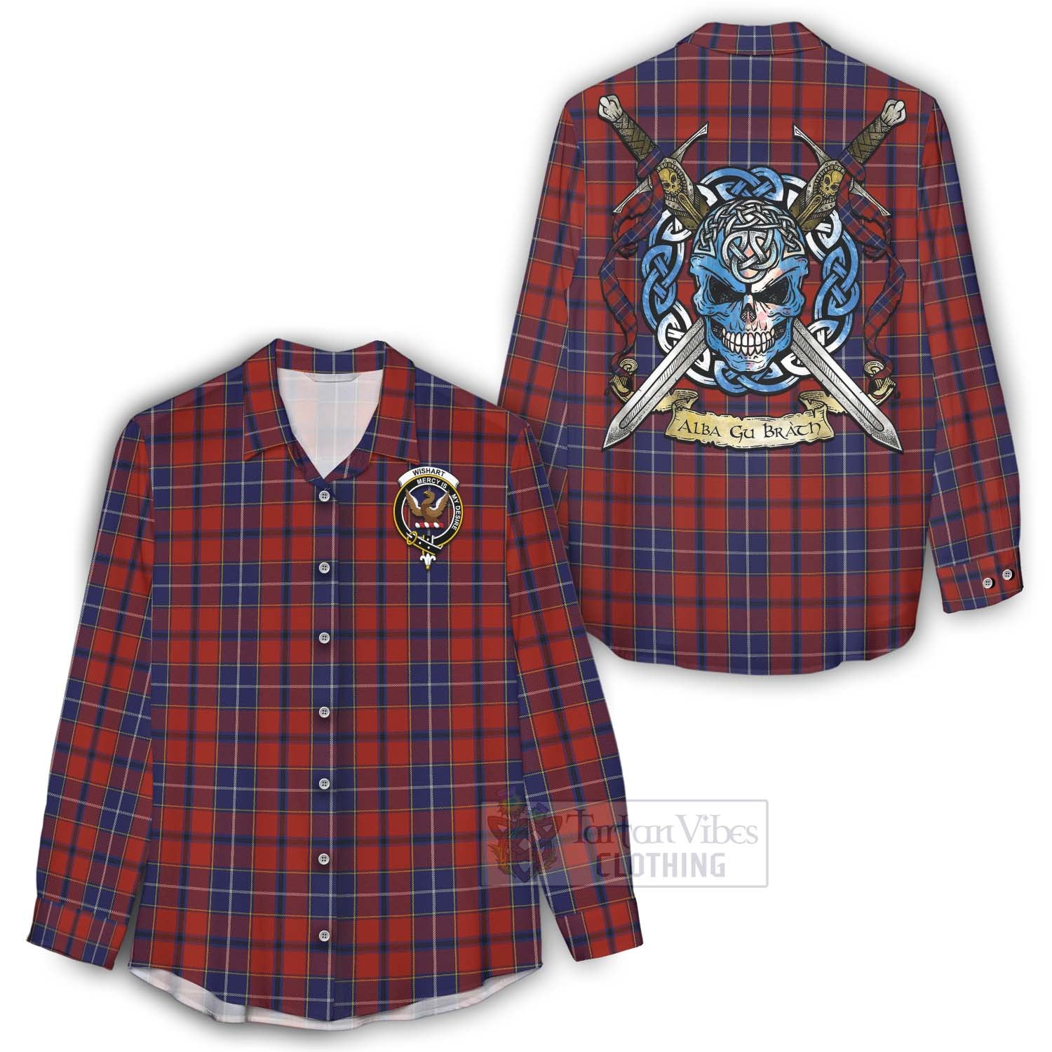 Tartan Vibes Clothing Wishart Tartan Women's Casual Shirt with Family Crest Celtic Skull Style