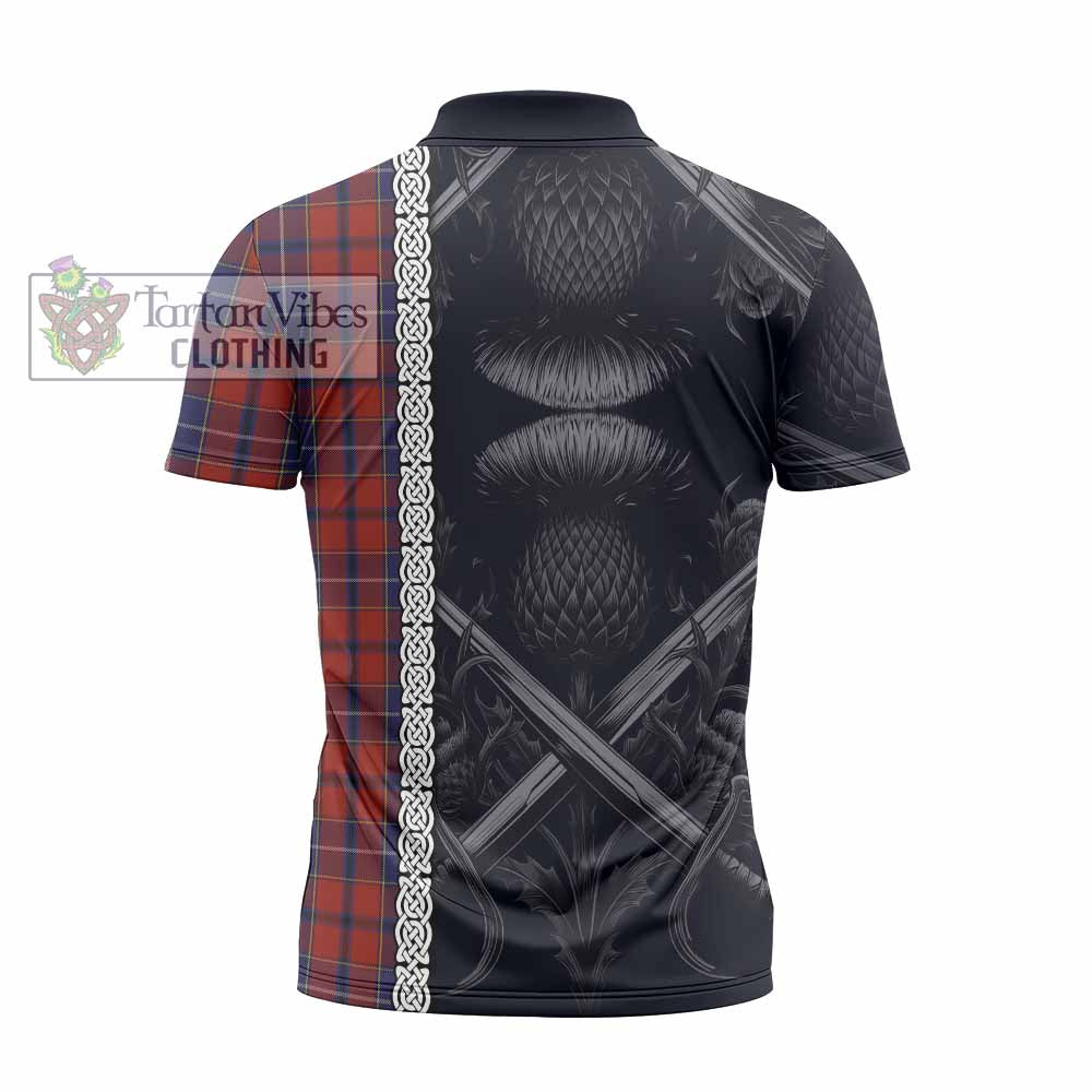 Tartan Vibes Clothing Wishart Tartan Zipper Polo Shirt with Family Crest Cross Sword Thistle Celtic Vibes