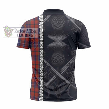 Tartan Vibes Clothing Wishart Tartan Zipper Polo Shirt with Family Crest Cross Sword Thistle Celtic Vibes