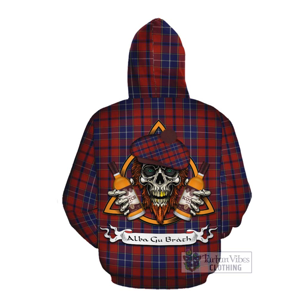 Tartan Vibes Clothing Wishart Tartan Cotton Hoodie with Family Crest and Bearded Skull Holding Bottles of Whiskey