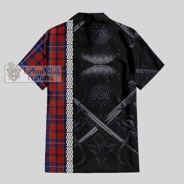 Tartan Vibes Clothing Wishart Tartan Short Sleeve Button Shirt with Family Crest Cross Sword Thistle Celtic Vibes