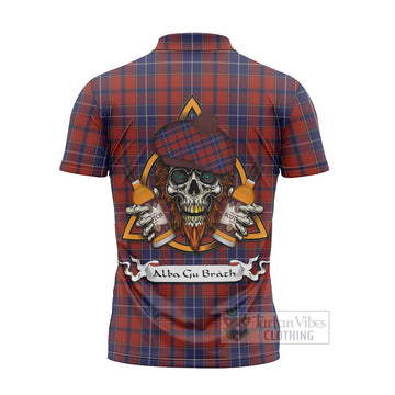 Tartan Vibes Clothing Wishart Tartan Zipper Polo Shirt with Family Crest and Bearded Skull Holding Bottles of Whiskey