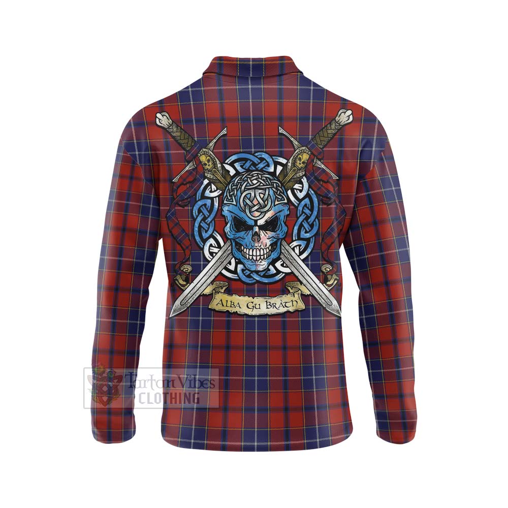 Tartan Vibes Clothing Wishart Tartan Long Sleeve Polo Shirt with Family Crest Celtic Skull Style