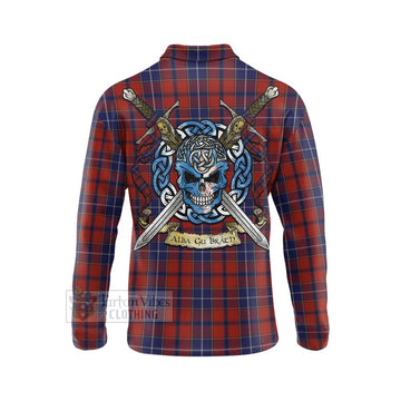 Tartan Vibes Clothing Wishart Tartan Long Sleeve Polo Shirt with Family Crest Celtic Skull Style