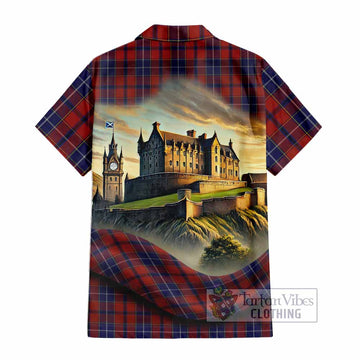 Tartan Vibes Clothing Wishart Tartan Family Crest Short Sleeve Button Shirt with Scottish Ancient Castle Style