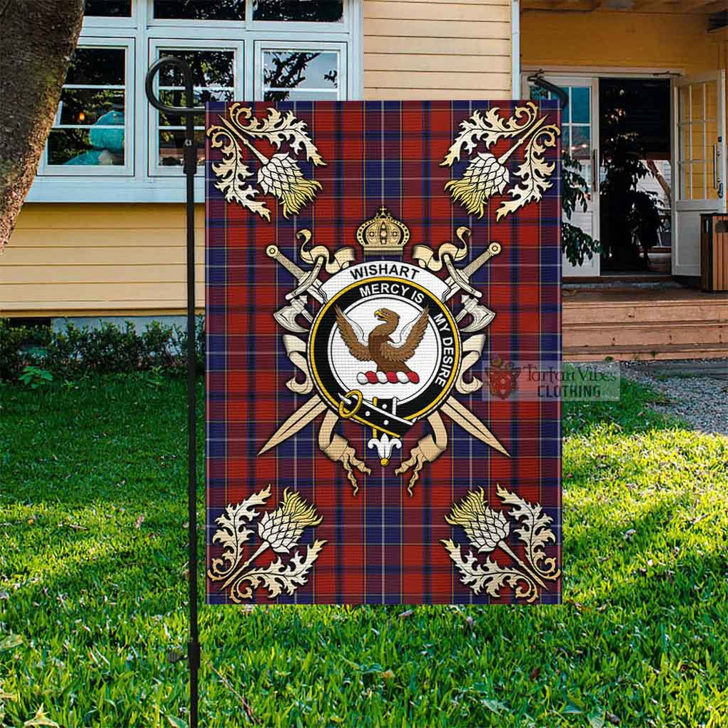 Tartan Vibes Clothing Wishart Tartan Flag with Family Crest and Golden Thistle Crossed Sword Design